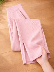 Women's Pink Wide-Leg High-Waisted Ribbed Pants With Side Slit And Pocket – Casual Fashion - Màu Hồng baby - Xem 5