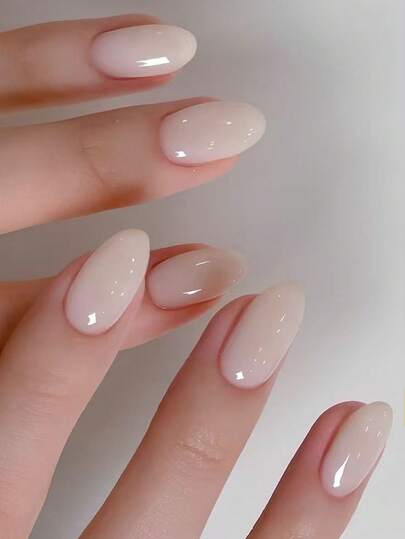 24pcs Oval Short White Glossy Nail Stickers Set, Acrylic Material, Short Style Perfect Fit False Nail Kit, Includes: 1pc Jelly Gel And 1pc Nail File, Suitable For Women And Girls For Daily Work, Study And Party Use Nails Nail Supplies