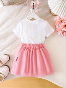 Conjunto de blusa con lazo delantero y falda con detalle de botones y solapa para niña - Beis - Ver 3