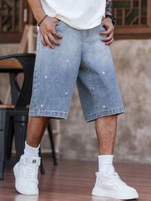 European And American Teenage Boys' Yin Yang Patchwork Blue And White Rhinestone Embellished Casual Denim Shorts - Light Wash - View 6