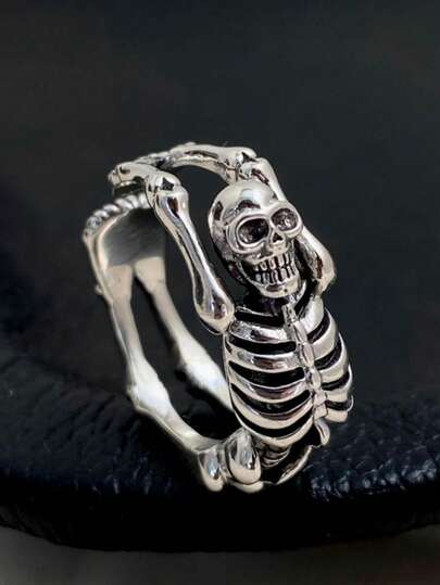 1pc Vintage Distressed Punk Style Carved Skull Design Ring, Fashionable Accessory For Men, Suitable For Party Wear And Gift