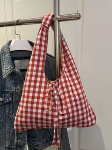 Bolso de hombro a cuadros de moda retro, nuevo bolso de mano casual personalizado de gran capacidad - Rojo - Ver 13