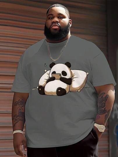 男士休闲街头卡通系列“懒惰可爱熊猫”图案运动套装 - 涤纶针织面料，圆领设计，抽绳短裤，口袋细节，常规版型，适合大码身材