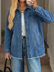 Women's Casual Everyday Commute Fashion Street Loose Fit Frayed Denim Jacket, Spring/Autumn - Blue - View 1