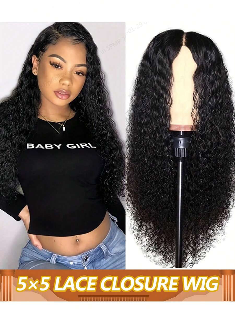Water Wave Curly Lace Front Wigs Human Hair Natural And Soft Human Hair Wig 5x5 Transparent Deep Wave Lace Closure Wig For Women 180% Density - Natural Black - View 1