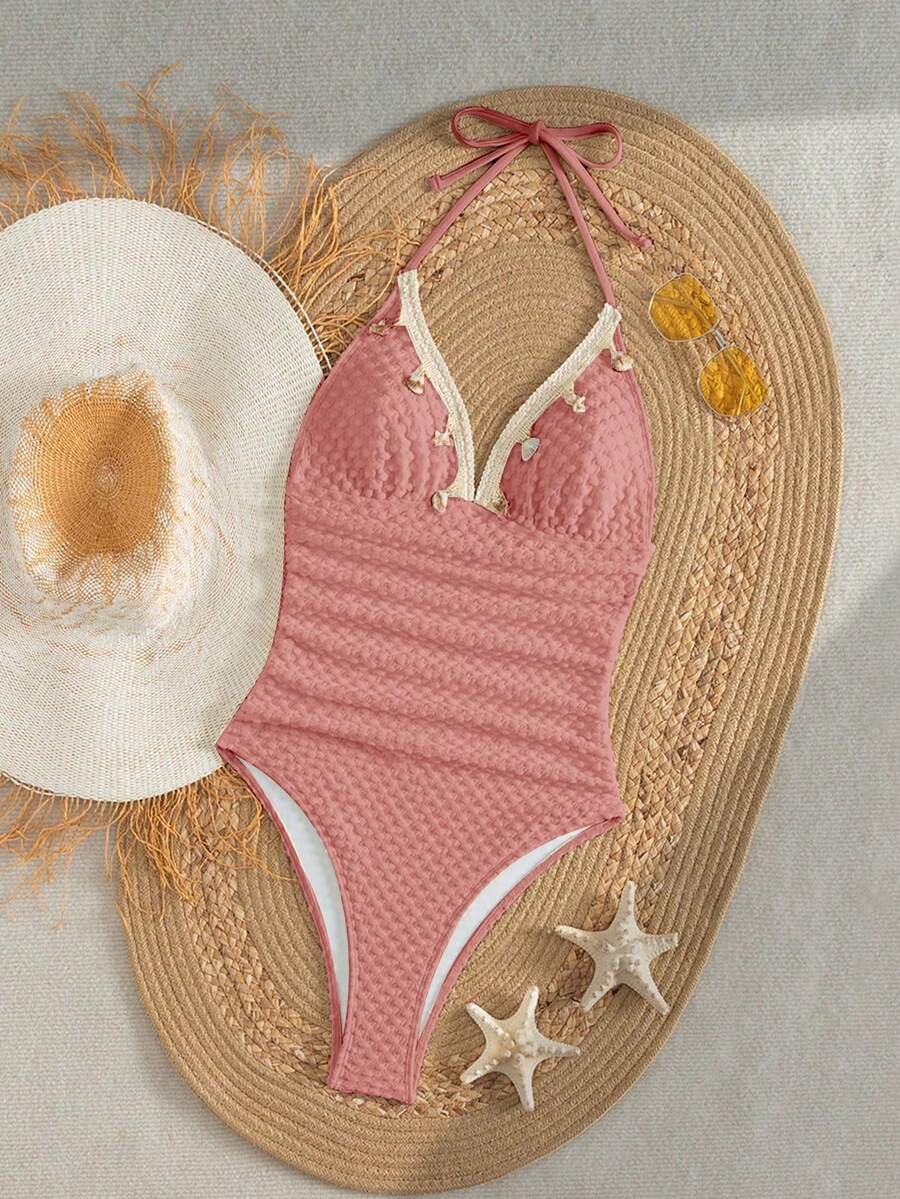 女士纯白夏季沙滩度假休闲吊带串珠特殊面料贝壳海星流苏装饰荷叶边连体泳衣（流苏装饰位置随机） - 西瓜粉 - 查看 1