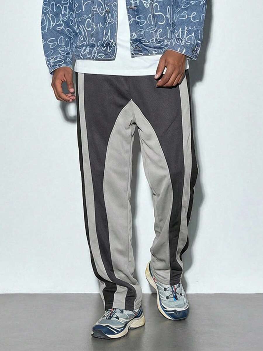 Modcrash Pantalones largos casuales para hombres con bloques de color y parches, de moda para verano, otoño y primavera, con estilo retro americano, unisex, con ajuste relajado para atuendos de verano - Adecuado para uso diario y atuendos de vacaciones de verano. - Gris Claro - Ver 1