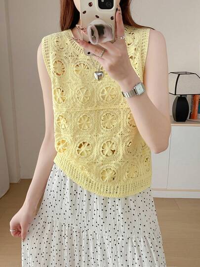 Loose Knit Hollow Out Camisole Tank Top For Women, Sleeveless Crochet Blouse, Airy & Sheer, Versatile Summer Fashion