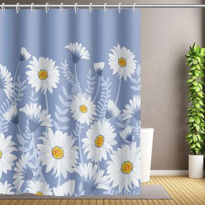 1pc Sweet Daisy Floral Shower Curtain, Minimalist Botanical Print Shower Curtain, Suitable For Bathroom Decor, General Room Decor, Home Decor, Bathroom Accessories Shower Curtain, Shower Curtain