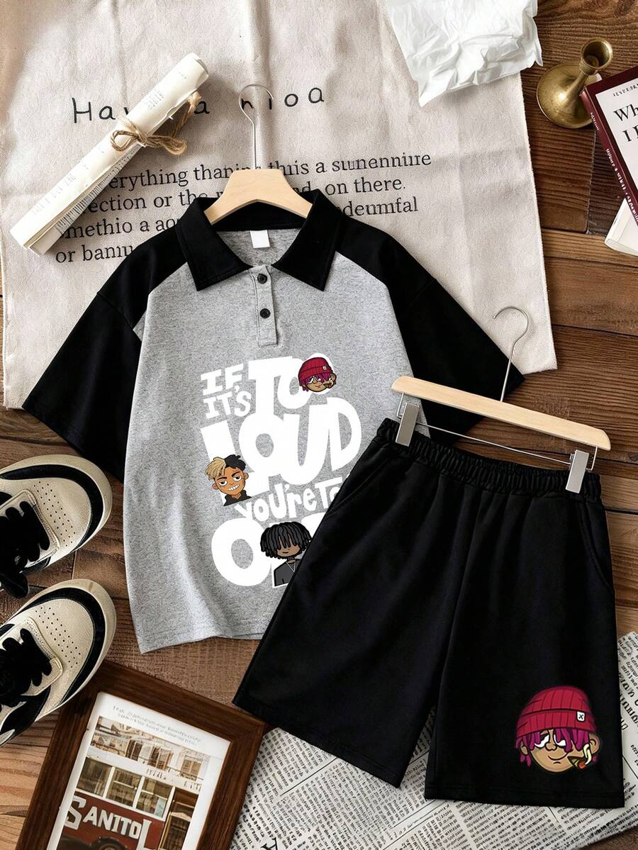2件套青少年男童字母印花短袖T恤和短裤套装,休闲嘻哈风格服装 - 彩色 - 查看 1