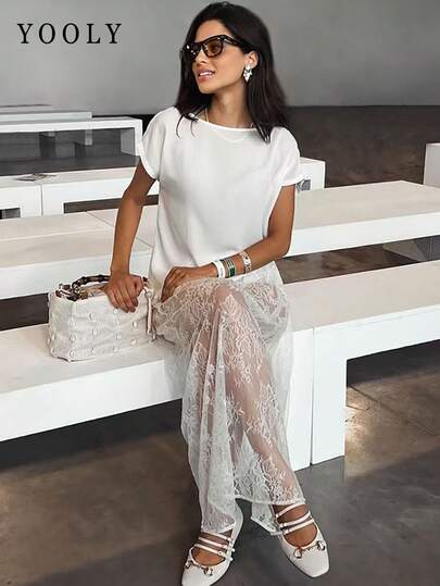 Yooly Solid Colour Transparent Lace Skirt, Rubber Waist Elastic Pants, Casual Fashion Modern, Daily, Vacation Beach White