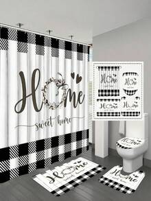 1. Black & White Shower Curtain Set, Cozy Home Bathroom Set\N2. Country Plaid Bathroom Shower Curtain Set With Rug, Includes Bath Mat And Toilet Mat Set - A - View 2