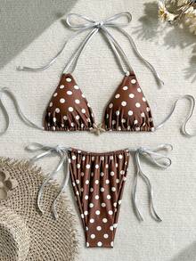 两件套咖啡色波点印花性感优雅比基尼套装，女士休闲泳装，适合约会、派对、夏季、度假、海滩、夜生活等场合。 - 棕色 - 查看 3