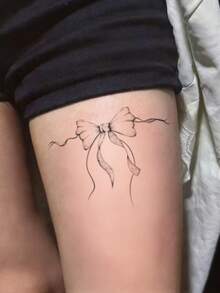 1pc Fashionable Sensual Vibe Line Ribbon Bow Tattoo Sticker, Sweet Girl Fake Waterproof Sweat-Proof Washable Tattoo Sticker - Black - View 3