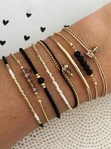 7pcs Handmade Beaded Bracelet Set, Black Crystal Beads, Rice Beads, Contrast Color Pendant, Minimalist Ins Style - Gold - View 7