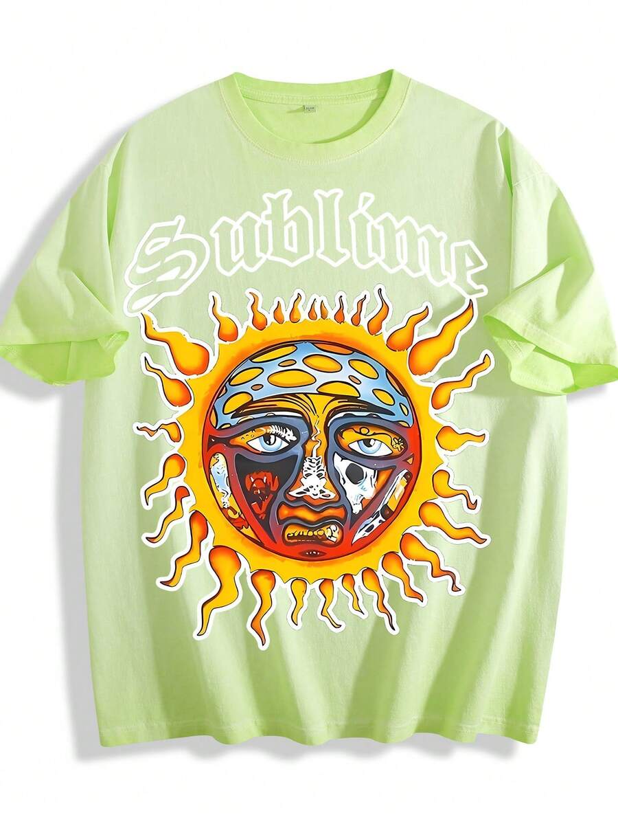 Dirty Wash T-Shirt Men Women Unisex Distressed Vintage "Sun" Rock Band Grunge Oversized Short Sleeve Top - 髒髒洗螢光綠01 - 查看 1