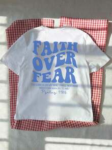 1pcs Plus Size Women's T-Shirt, Printed With "FAITH OVER FEAR" And Bible Verse Designs On The Back, Suitable For Church Services, Religious Activities - White 2 - 查看 8