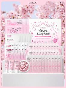 一套 LAIKOU 樱花保湿护肤套装（樱花洁面乳 2g*10+樱花爽肤水 2ml*10+樱花保湿唇膜 6g*5+樱花防晒霜 (SPF50) 30g+精华胶囊 30粒*0.5ml+泥面膜 5g*10+眼膜 6g*5+精华霜 30g+眼霜 15g+睡眠面膜 3g*10+保湿面膜 25g*5）抗衰老护肤礼盒 - 櫻花 - 查看 1