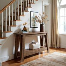 LITTLE TREE 105cm Rustic Brown Farmhouse Console Table - 2-Tier Narrow Entryway Table With Storage For Living Room Hallway Foyer Behind Couch - Brown - View 6