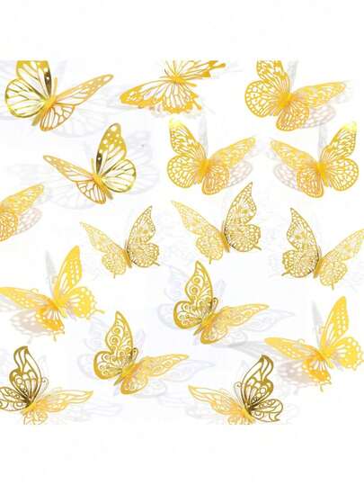 60pcs 3D Butterfly Wall Stickers, Butterfly Birthday Decorations, Butterfly Party Decorations, Cake Decorations, Nursery Decorations, Removable Stickers (Gold) Random Styles - Paper