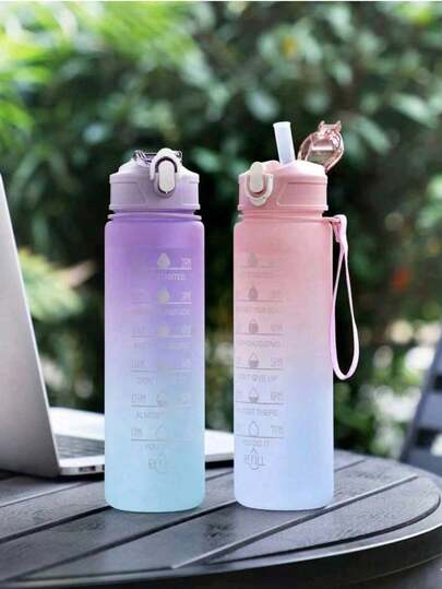 1pc 750ml Or 280ml Large Capacity Ombre Pink PC Water Bottle, Portable Sports Fitness Straw Cup, Suitable For Home And Outdoor Travel Use