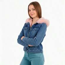 Chamarra de Mezclilla para niñas Peluche Desmontable - Azul Marino - Ver 2