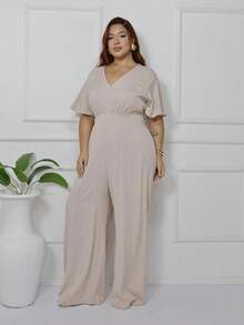 Women's Plus Size Plain Long Jumpsuit, Wide Leg, Short Sleeve, V-Neck, Ruched Front, Comfortable - 米色 - 查看 1