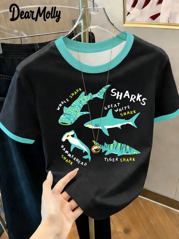 DEAR MOLLY Women's T-Shirt With Whale Shark Blue Print, Cute Casual Fashion Round Neck Short Sleeve Contrast Color Tee, Suitable For Daily Outings And Leisure Wear Summer