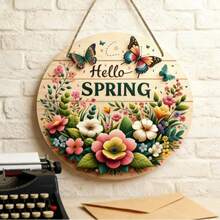 1 pieza Letrero de corona de primavera, Placa de madera redonda con el mensaje "Hola primavera", Letrero de corona de flores de primavera, Decoración festiva, Decoración de habitación, Decoración del hogar, Decoración de festival, Decoración de puerta principal, Decoración de pared, Decoración de fondo - Multicolor - Ver 6