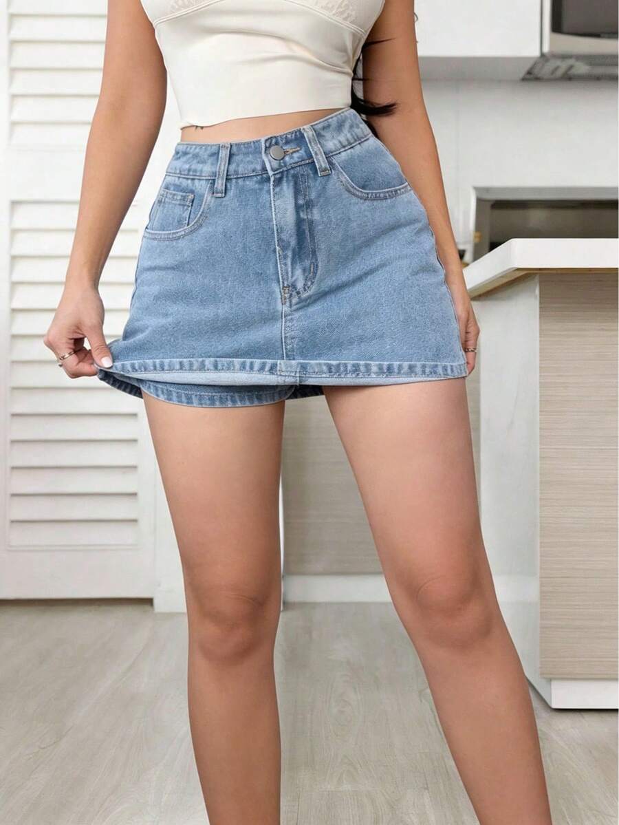 Pantalones cortos vaqueros versátiles y de moda para mujer, para primavera y verano, tipo falda-pantalón - Azul - Ver 1