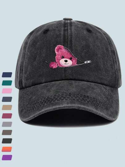 1pc Vintage Unisex Baseball Cap, Cartoon Bear Print Washed Retro Baseball Hat, Fashionable Outdoor Cap, Adjustable Size, Suitable For All Seasons