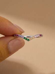 1pc 925 Sterling Silver Shallow V-Shaped Diamond Ring, Suitable For Daily Wear And Party, Vintage High-End Style, Jewelry Gift - Silver - View 2
