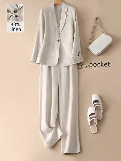Women's Casual & Commute Solid Color Linen Blend Pocket Single-Breasted Long Sleeve Blazer And Wide-Leg Pants Set
