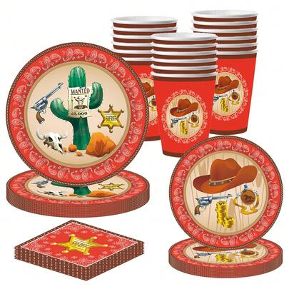 10PCS Cowboy Party Decorations For Boys Western Birthday Party Supplies Cowboy Wild West Themed Paper Plates And Napkins Cups Knives Tableware Set For 10 Guests