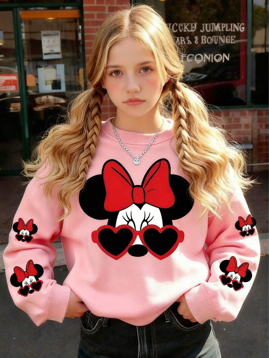 Disney Official Licensed Minnie Mouse Heart Sunglasses Print Sweatshirt For Girls Soft Comfortable All Match Casual Daily Wear Cute Sweatshirt - 粉色 - 查看 1