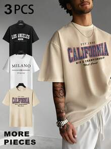 3pcs City Themed Print Men's Casual Crew Neck Short Sleeve Tops - Multicolor - View 3