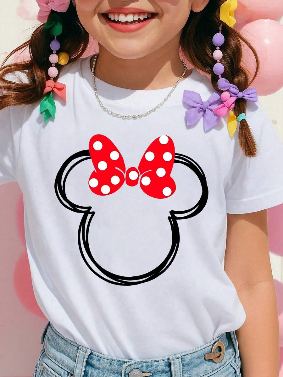 1pc Disney Minnie Mouse Minimalist Line Art Print With Classic Red Bow Tween Girl Casual Everyday T-Shirt, Comfortable & Versatile, Perfect For School & Hangouts - 白色 - 查看 1