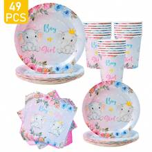 8 pezzi Set di piatti, tovaglioli e bicchieri usa e getta con elefanti e decorazioni floreali per gender reveal festa, adatto per 8 ospiti, stoviglie di carta monouso per compleanni, matrimoni, feste a tema, picnic in famiglia - Multicolore - Visualizzare 1