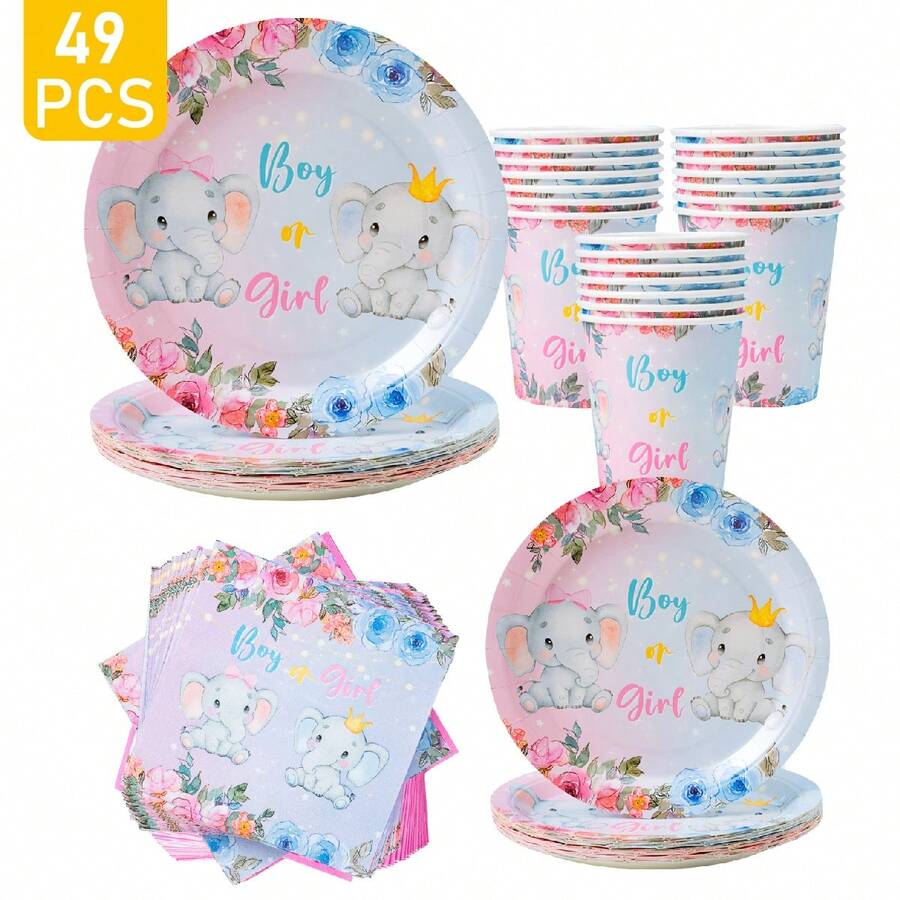 8 pezzi Set di piatti, tovaglioli e bicchieri usa e getta con elefanti e decorazioni floreali per gender reveal festa, adatto per 8 ospiti, stoviglie di carta monouso per compleanni, matrimoni, feste a tema, picnic in famiglia - Multicolore - Visualizzare 1