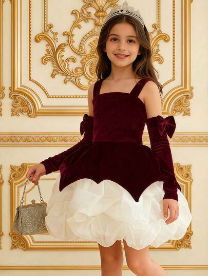 2pcs/Set Girls' Elegant Cute Velvet Bow Swan Bud Dress With Detachable Sleeves, Princess Dress For Stage Performance, Birthday Party, Christmas, Vacation, Party, Banquet