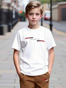 Boys/Toddler Boys' Spring/Summer Short Sleeve T-Shirt And Pants 2-Piece Set, Letter & Stripe Print Design, Round Neck, Comfortable, Casual, Versatile Outfit - Brown - View 5