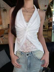 扭结蕾丝无袖吊带背心休闲款 - 白色 - 查看 3