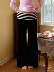 Women Low Waist Loose Fit Striped Folds Over Wide Leg Pants Lounge Home Sweatpants - 黑色 - 查看 3