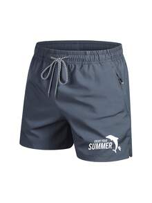 Men's Summer Quick-Dry Beach Shorts, Solid Color Drawstring Printed Bermuda Shorts, Suitable For Beach, Vacation, Outdoor, Running - Dark Grey - View 2