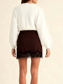 Women Y2K Satin Lace Short Skirt Low Waist Floral Edge A-Line Layering Skirt - 黑色 - 查看 5