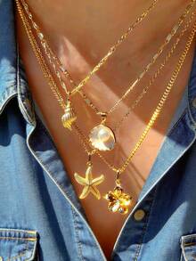 4件套 时尚优雅波西米亚海洋风人造珍珠、海星、贝壳、五瓣花吊坠Y型项链套装，个性甜美Y2K风格多层颈链，适合女性夏季海滩、派对、约会、送礼、日常佩戴 - 彩色 - 查看 2