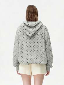 Womens Sweatshirt Drawstring Hoodies Long Sleeve Dot Print Oversized Hooded Pullover Sweatshirt Tops With Pocket - Grey - View 7