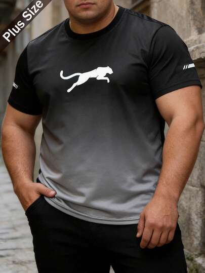 Camiseta de manga corta y cuello redondo con degradado de color para hombres de talla grande, ropa deportiva con estampado de leopardo, camiseta multifuncional y cómoda de talla grande, ropa de estilo deportivo para primavera/verano, mejor regalo para [alguien], regalo del Día de San Valentín