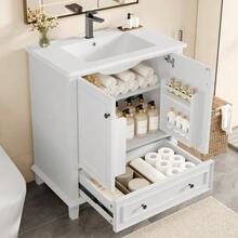 Freestanding Bathroom Vanity Unit 76 X 46 X 87 Cm With Integrated Basin, Solid Wood Legs, Fully Lacquered, Moisture And Water Resistant, Ample Storage Space, Integrated Ceramic Basin, White - White - View 12