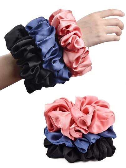 3件套缎面发圈套装，大号弹力发圈，专为女性设计，纯色发圈礼盒装，发饰，大号缎面发圈，温和呵护浓密长发